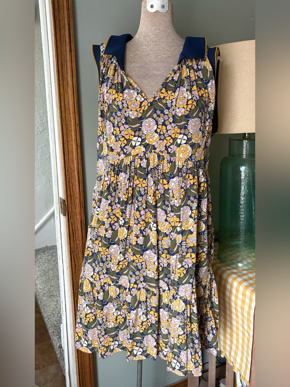 Anthropologie Mustard & Navy Floral V-Neck Mini Dress